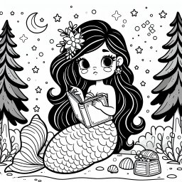 Lesefreude der Meerjungfrau - Meerjungfrau, Fischschwanz, Schatztruhe, Muscheln, Tannenbäume, Nachtstimmung