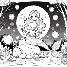 Mutige Meerjungfrau im Herbstpark - Meerjungfrau, Herbstabend, Fischschwanz, Schatztruhe, Muscheln, Mondlicht
