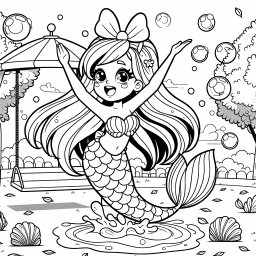 Fröhliche Meerjungfrau im Morgenlicht - Meerjungfrau, Ausmalbild, Herbst, Seifenblasen, Spielplatz, Schleife, Muscheln