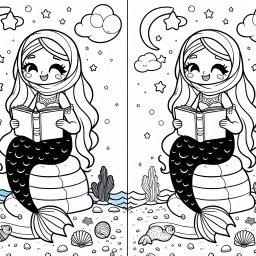 Lesefreudige Meerjungfrau auf Abenteuer - Meerjungfrau, Ausmalbild, Unterwasserwelt, Muscheln, Buch lesen, Ozean, Sommernachmittag