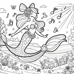 Fröhliche Meerjungfrau Morgensprung - Meerjungfrau, Fischschwanz, Muscheln, Ozean, Musiknoten, Herbstmorgen, Schmetterling