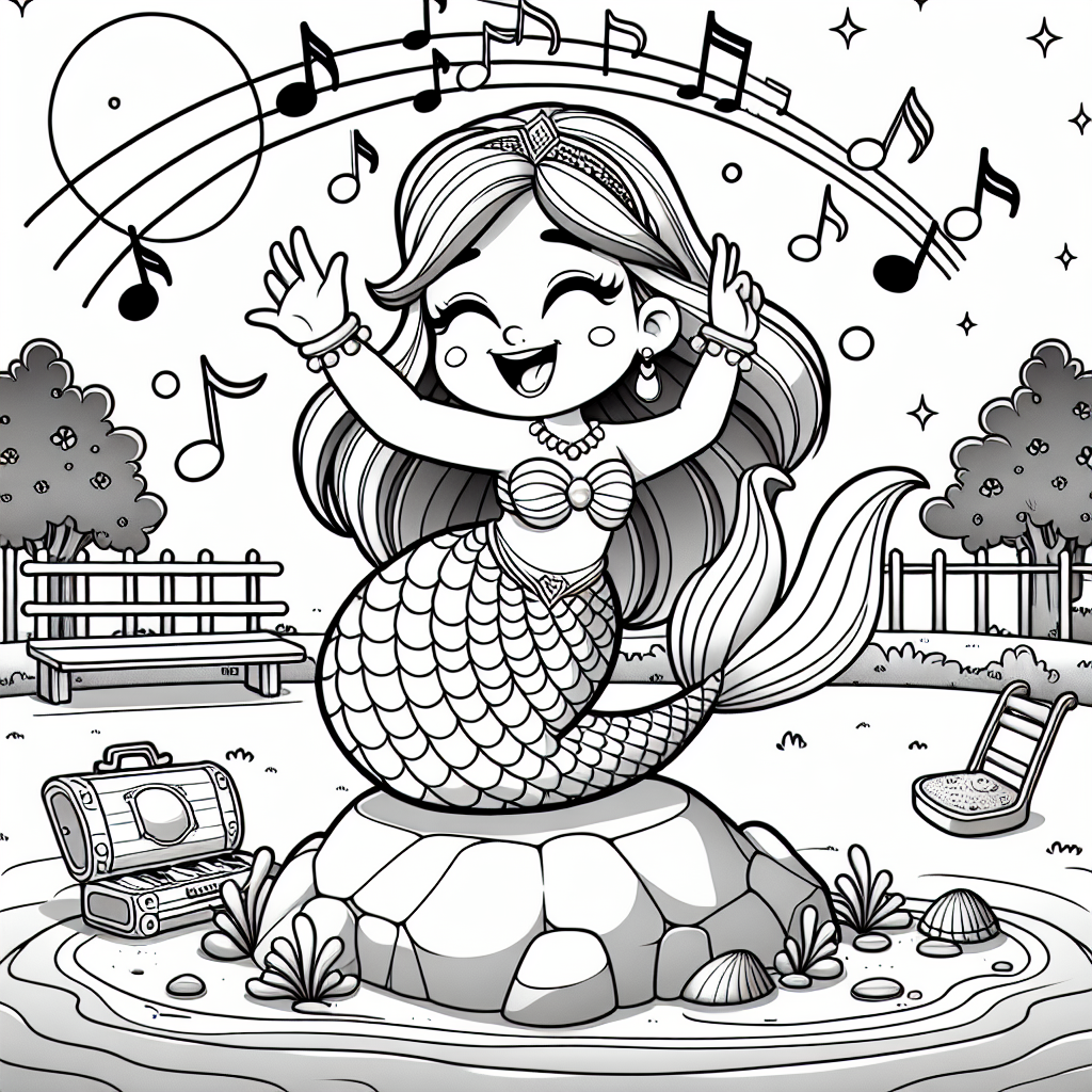 Fröhliche Meerjungfrau im Sommertanz - Meerjungfrau, Fischschwanz, Spielplatz, Sommerabend, Musiknoten
