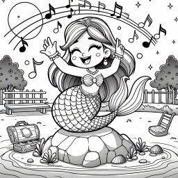 Fröhliche Meerjungfrau im Sommertanz - Meerjungfrau, Fischschwanz, Spielplatz, Sommerabend, Musiknoten, Schmuck, Felsen