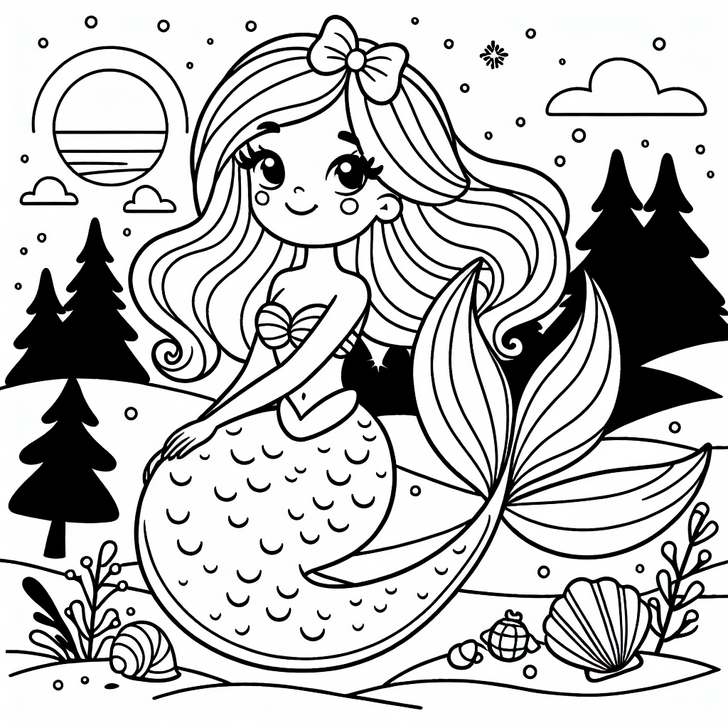 Freundliche Meerjungfrau im Seifenblasenreigen - Meerjungfrau, Winterwald, Muscheln, Fischschwanz, Schleife