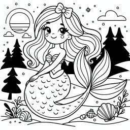 Freundliche Meerjungfrau im Seifenblasenreigen - Meerjungfrau, Winterwald, Muscheln, Fischschwanz, Schleife, Tannenbäume