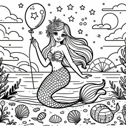 Freundliche Meerjungfrau im Frühlingsglanz - Meerjungfrau, Ballon, Strand, Abenddämmerung, Ausmalbild, Muscheln, Sterne