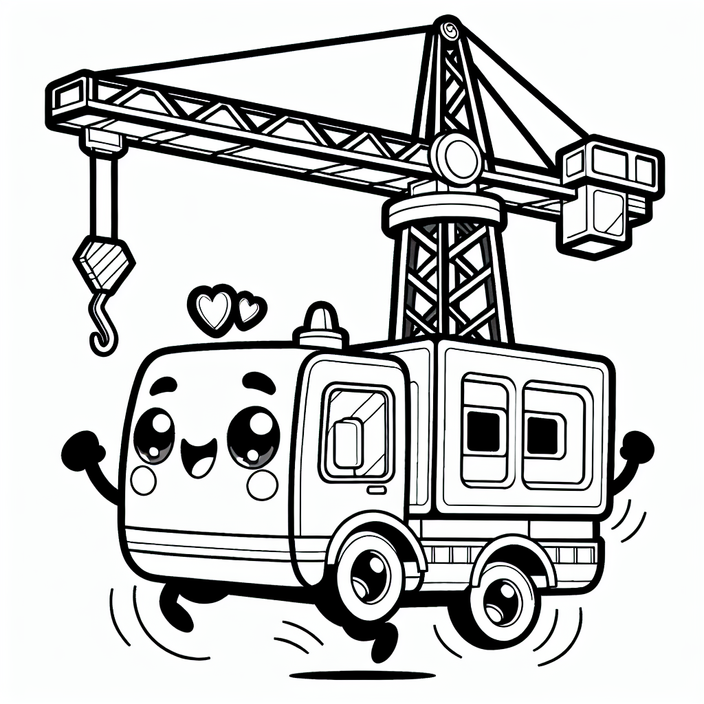 lustiger Kran - Tags: Mobilkran, Baustellenabenteuer, Ausmalspaß, Kinderfreundlich, Comic-Illustration