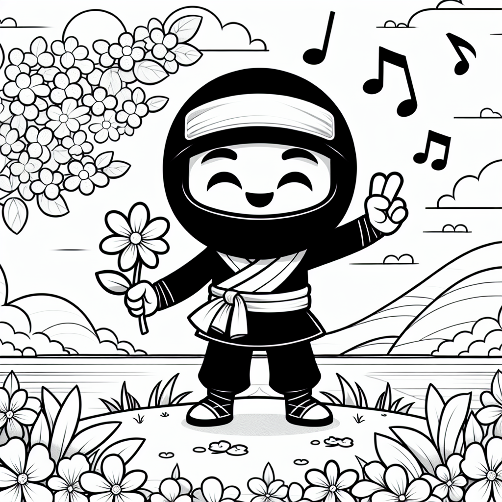 Fröhlicher Ninja am See - Ninja, Frühling, Ausmalbild, Musiknoten, Blumenmeer
