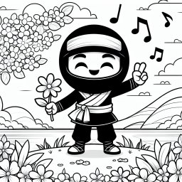 Fröhlicher Ninja am See - Ninja, Frühling, Ausmalbild, Musiknoten, Blumenmeer