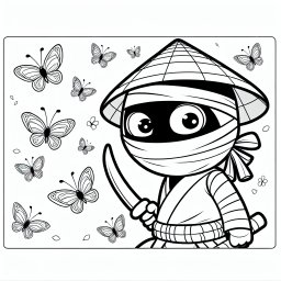 Fröhlicher Ninja - Tags: Ninja, Ausmalbild, Schmetterlinge, Kinder, Kreativität