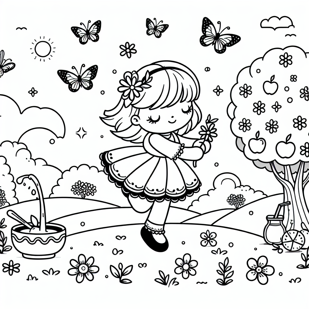 Zuckerfrühlingsfreude - Frühling, Tanz, Schmetterlinge, Kinderzeichnung, Ausmalbild