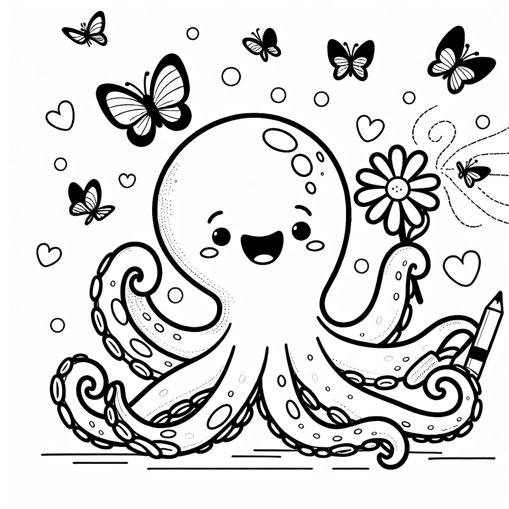 In den tiefen, bunten Gewässern des Ozeans lebte ein cleverer Oktopus namens Ollie. Ollie war nicht nur für seine acht Tentakel und die Fähigkeit, Tinte zu versprühen, bekannt, sondern auch für seine Liebe zu Farben. Eines Tages fand Ollie eine wunderschöne, leuchtend gelbe Blume, die vom Meeresgrund emporwuchs. Sofort war er begeistert und nahm sie behutsam in einem seiner Tentakel auf.
Während Ollie mit seiner neuen Blume herumtanzte, schwebten fröhliche Schmetterlinge um ihn herum. Obwohl Schmetterlinge normalerweise nicht unter Wasser zu finden sind, hatte Ollie mit seinem Farbklecks-Zauber eine besondere magische Anziehungskraft auf sie ausgeübt. Die Schmetterlinge waren genauso farbenfroh wie die Blumen und verliehen der Unterwasserwelt einen Hauch von Regenbogen.
Als schlauer Oktopus wusste Ollie, dass er mit seinen Farben nicht nur das Meer verschönern konnte, sondern auch jedes Versteck in eine künstlerische Schatzkammer verwandeln konnte. Er begann, mit seinen Tentakeln fantasievolle Muster um die Blume zu malen, während die Schmetterlinge staunend zusahen. Ollie wusste, dass seine Kunst nicht nur für ihn, sondern für alle Meeresbewohner eine Freude war.