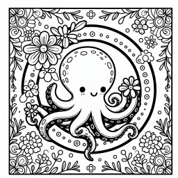 Verspielte Blumenkraft – Tags: Oktopus, Blumen, Meeresabenteuer, Ausmalbild, Unterwasserwelt