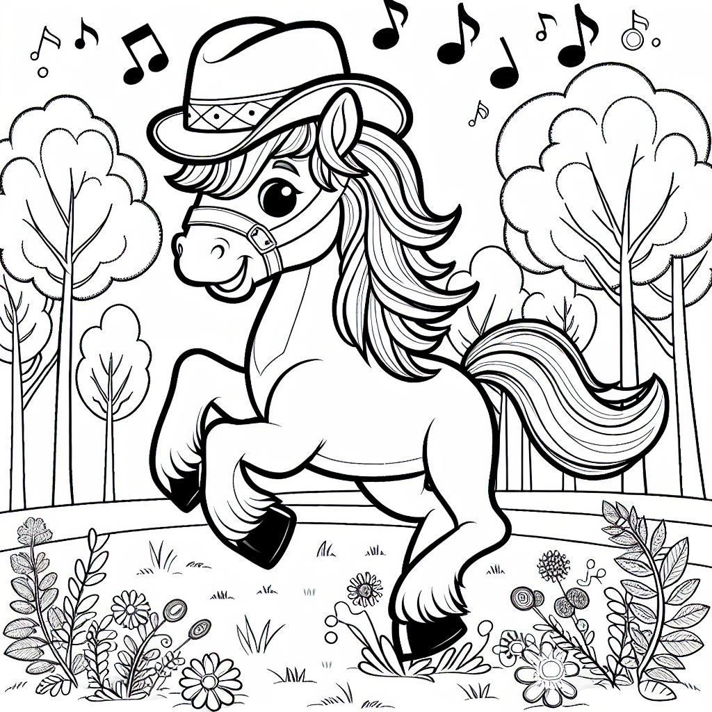 Fröhliches Waldpferd im Galopp - Herbstmorgen, tanzendes Pferd, Musiknoten, schicker Hut, bunte Blätter