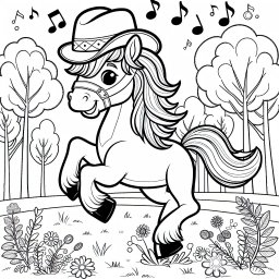 Fröhliches Waldpferd im Galopp - Herbstmorgen, tanzendes Pferd, Musiknoten, schicker Hut, bunte Blätter