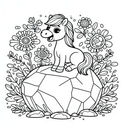 Aufgeregter Felsenfreund – Tags: Pferde, Kreativität, Ausmalbild, Cartoon-Stil, Fantasie