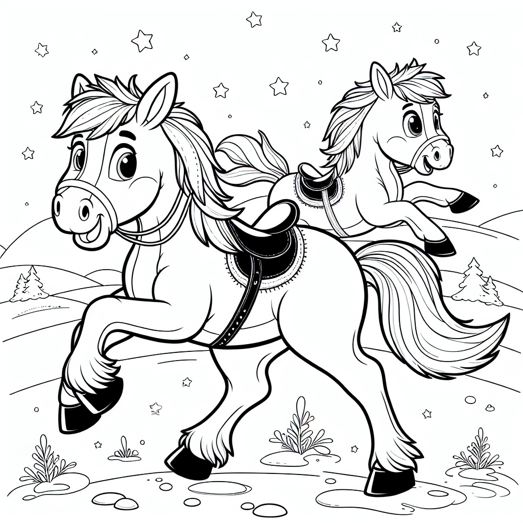 Fröhliches Pferdehüpfen - Ausmalbild Pferdehügel Wintermorgen, Fröhliche Pferde malen, Pferdemähne im Wind zeichnen