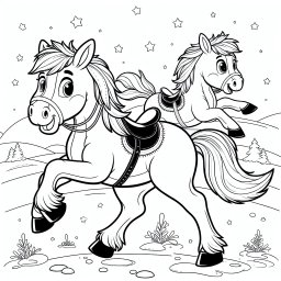 Fröhliches Pferdehüpfen - Ausmalbild Pferdehügel Wintermorgen, Fröhliche Pferde malen, Pferdemähne im Wind zeichnen
