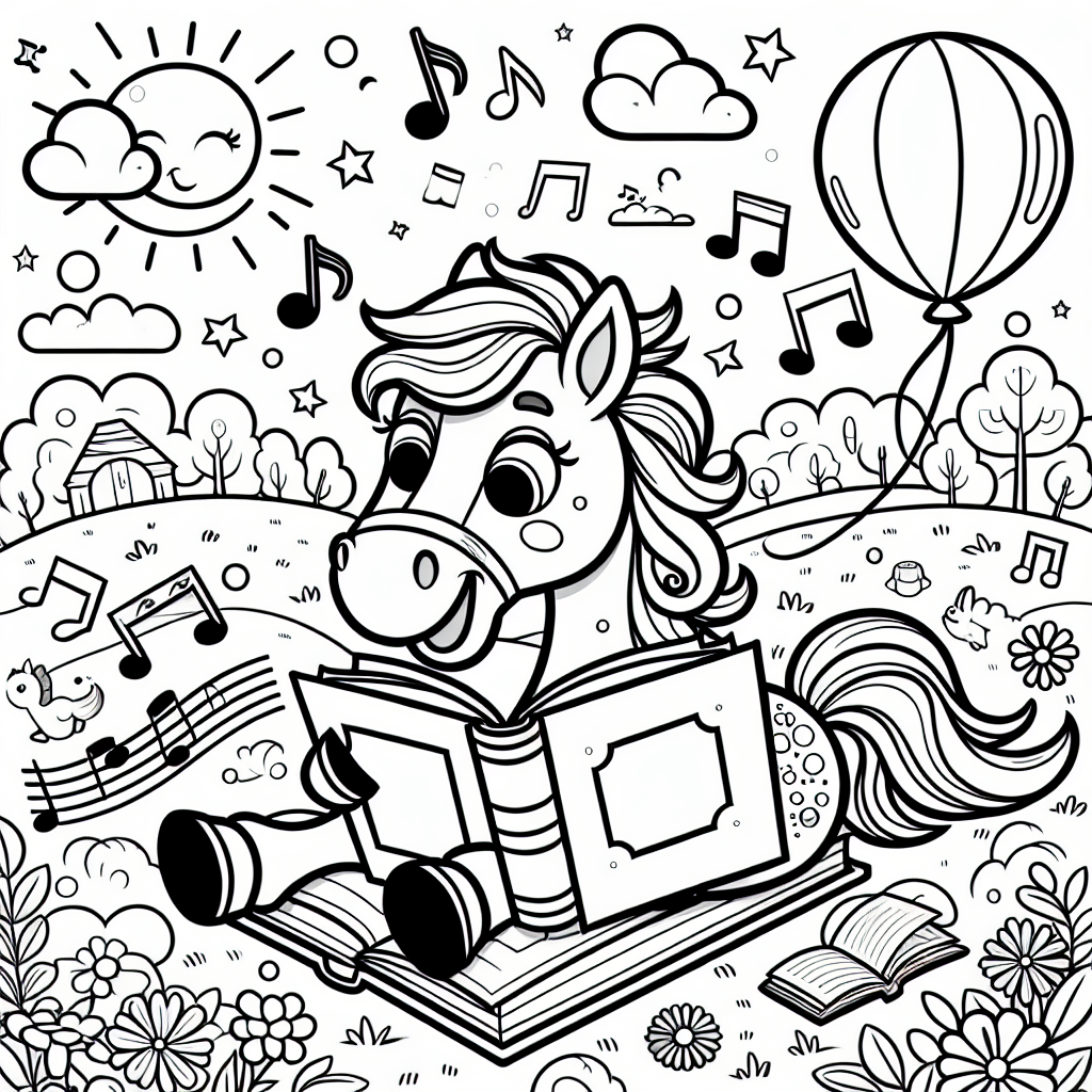 Lustiges Pferd mit Buch - Pferd, Wiese, Sommermorgen, Bücherwurm-Pferdchen, musikalische Noten