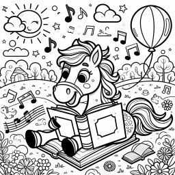 Lustiges Pferd mit Buch - Pferd, Wiese, Sommermorgen, Bücherwurm-Pferdchen, musikalische Noten, balancierendes Pferd