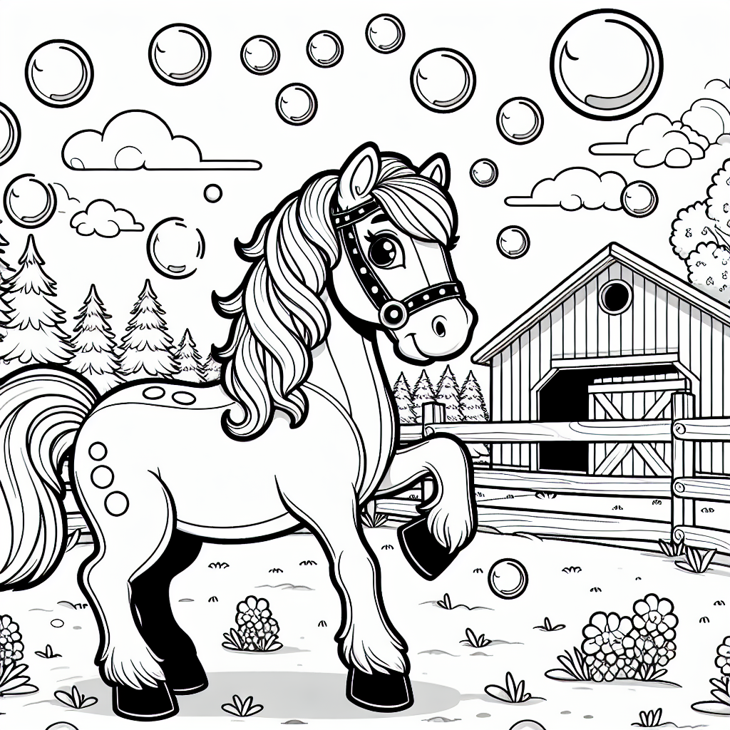 Mutiges Pferd im Tanz - Pferd, Weide, Stall, Frühling, Ausmalbild