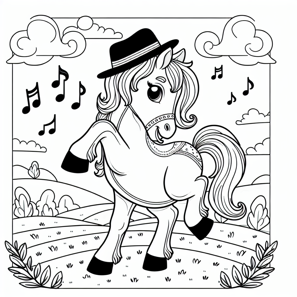 Tanzendes Pferd im Abendlicht - tanzen, Herbsthimmel, Ausmalbild, fröhlich, Musiknoten