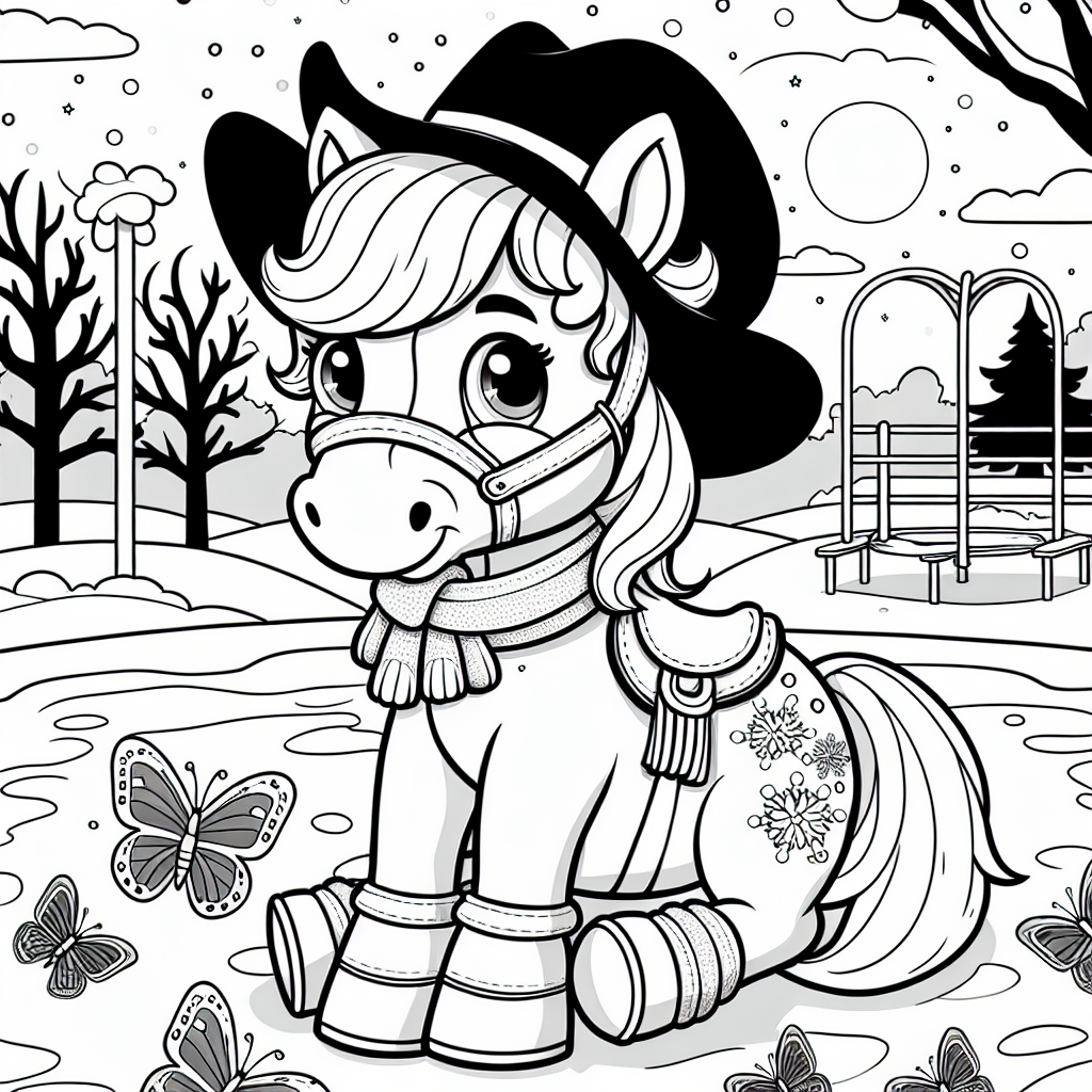 Fröhliches Pferd im Winterzauber - Pony im Winterkleid, Schneeflockenpony mit Hut, Spielplatz-Abenteuer im Schnee, freundl...