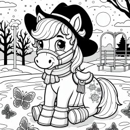 Fröhliches Pferd im Winterzauber - Pony im Winterkleid, Schneeflockenpony mit Hut, Spielplatz-Abenteuer im Schnee, freundliche Pferde-Augen