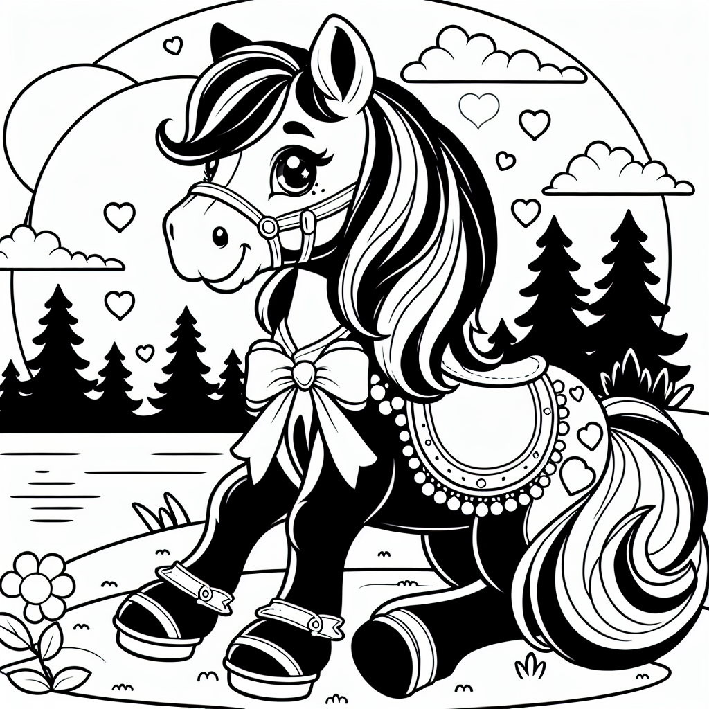 Fröhliches Pferd im Sommerlicht - Pferd am Seeufer, Abenddämmerung Sommerbild, Ausmalspaß Tiere, Freundliches Pony Zeichnung