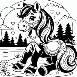 Fröhliches Pferd im Sommerlicht - Pferd am Seeufer, Abenddämmerung Sommerbild, Ausmalspaß Tiere, Freundliches Pony Zeichnung