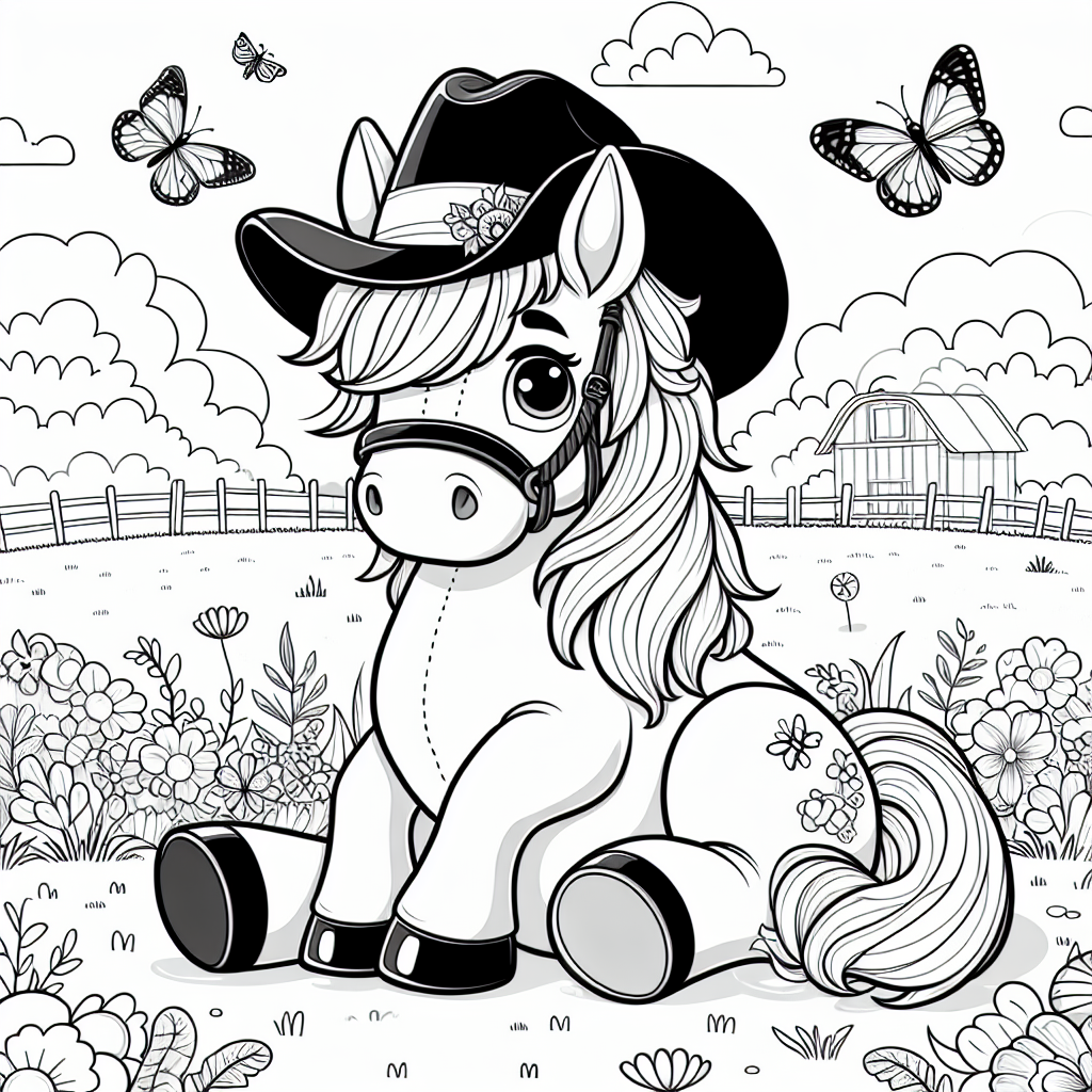 Lustiges Pferd im Morgensonnenglanz - Pony, Cowboyhut, Sommerwiese, Ausmalbild, Neugierig