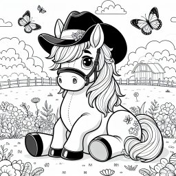 Lustiges Pferd im Morgensonnenglanz - Pony, Cowboyhut, Sommerwiese, Ausmalbild, Neugierig