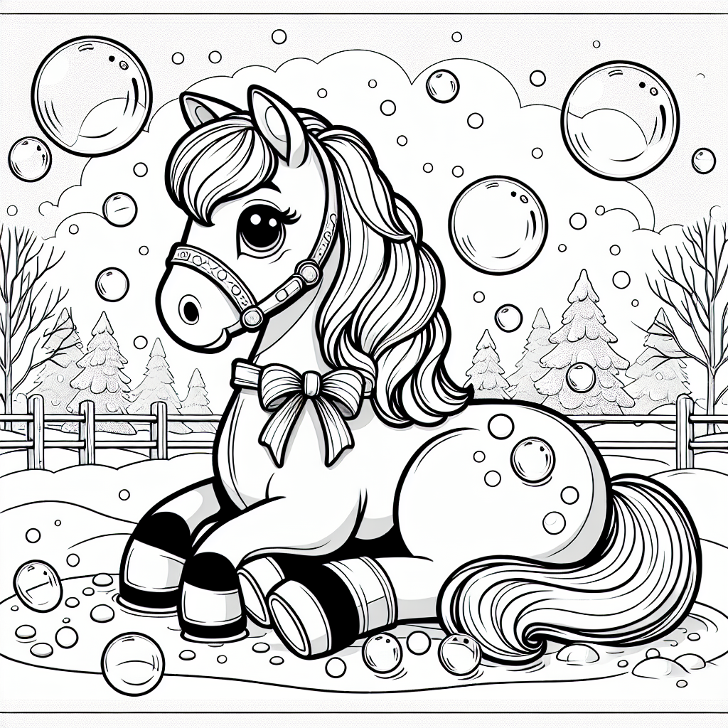 Sanftes Pferd im Winterzauber - Pony ausmalen, Winterlandschaft, Kinderbild Malvorlage, Spielspaß im Park, Farbenfrohes Pferd
