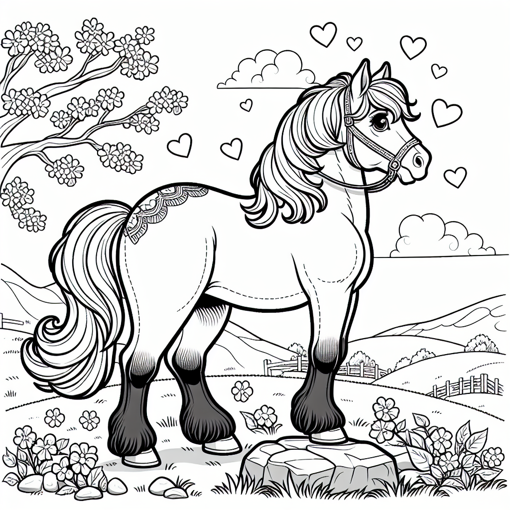 Pferd auf dem Frühlingshügel - Pony, Frühlingstag, Ausmalbild für Kinder, Pferdemähne, Abenteuerlust