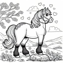 Pferd auf dem Frühlingshügel - Pony, Frühlingstag, Ausmalbild für Kinder, Pferdemähne, Abenteuerlust