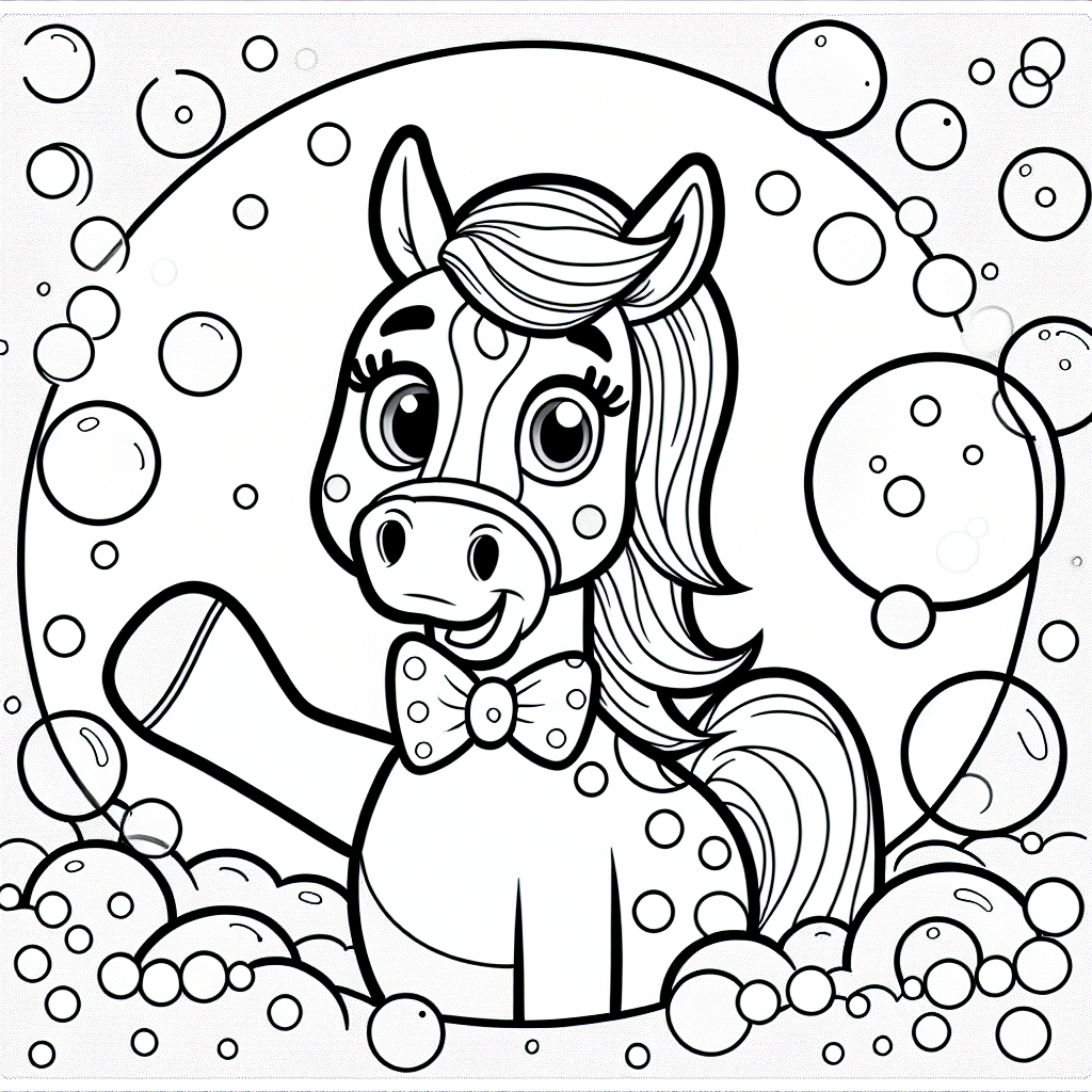 Fröhliches Blasenpferd - Cartoon-Pferd, Ausmalspaß, Mähnenfarbe, Seifenblasen, Kinderkunst