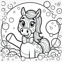Fröhliches Blasenpferd - Cartoon-Pferd, Ausmalspaß, Mähnenfarbe, Seifenblasen, Kinderkunst