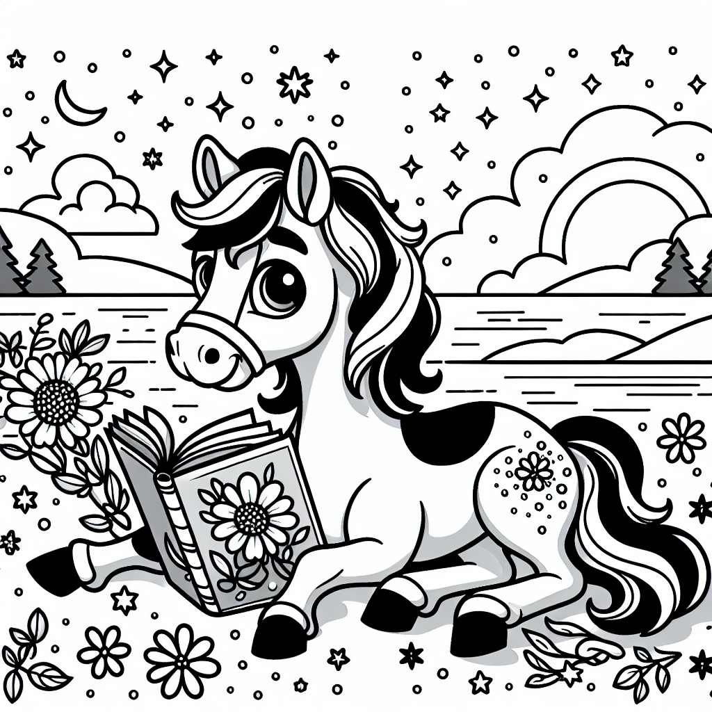 Fröhliches Pferd am See - Ausmalbild, Pferdefreunde, Winterlandschaft, Lesestunde, Ponyabenteuer