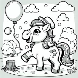 Pferdeparadies am Waldrand - Pony mit Ballon, Sommerwiese, Pferdespaß, bunte Mähne, fröhliches Ausmalbild