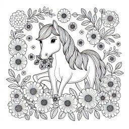 Blumenschmuck-Pony – Tags: Pferd, Blumen, Ausmalen, Fantasie, Kinderkunst