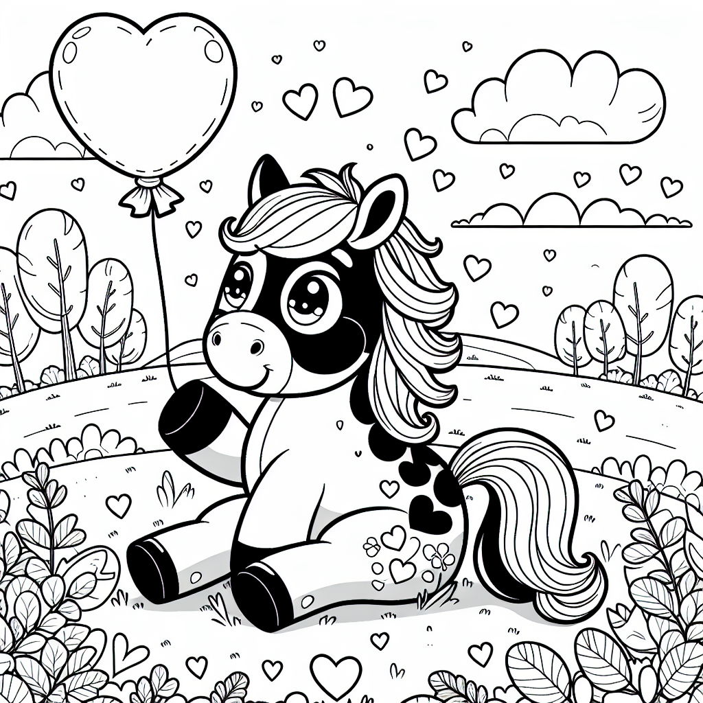 Fröhliches Pferd auf Entdeckungstour - Pony malen, Herzballon Ausmalbild, Herbstfarben Tiere, Hügel Landschaft Kinderbild