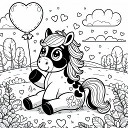 Fröhliches Pferd auf Entdeckungstour - Pony malen, Herzballon Ausmalbild, Herbstfarben Tiere, Hügel Landschaft Kinderbild