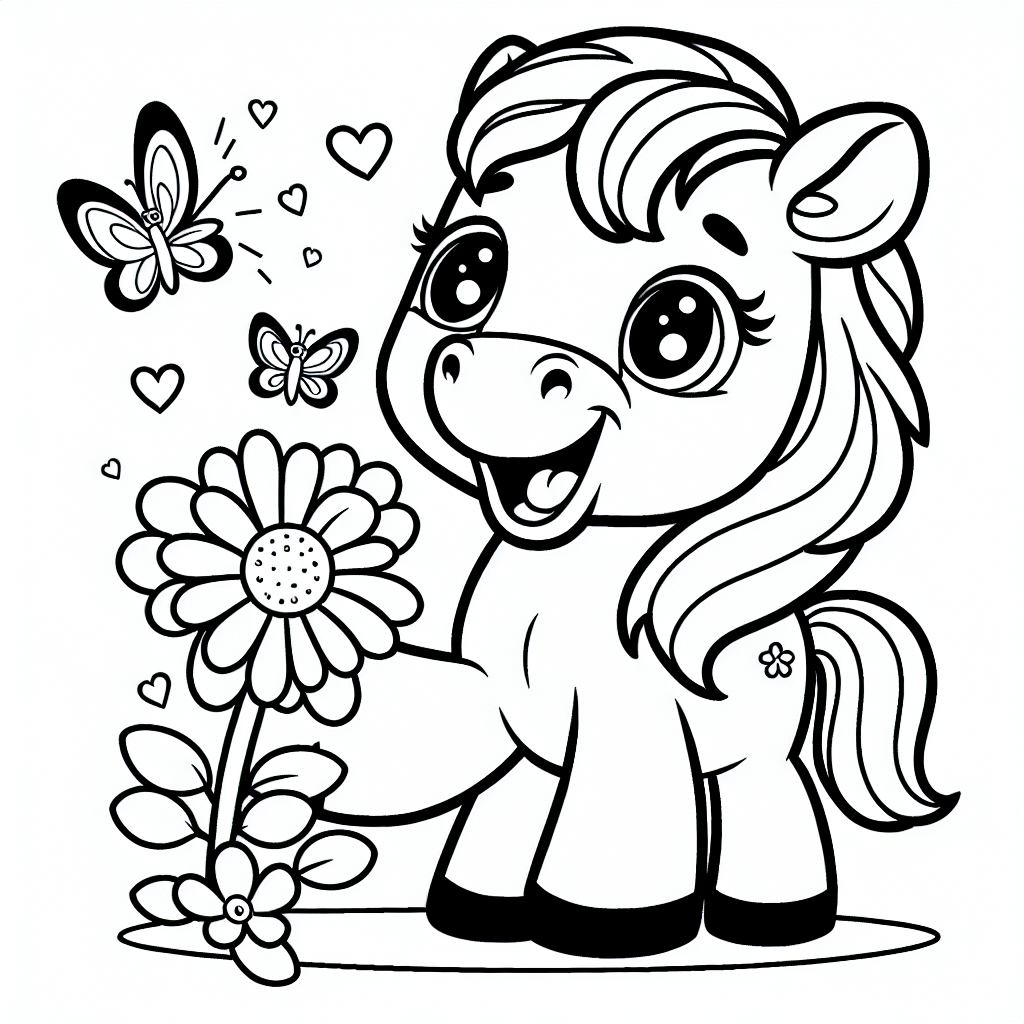 Hier siehst du ein fröhliches Bild von einem aufgeregten Pferd, das eine bunte Blume hält und von Schmetterlingen umgeben ist. Dieses lustige Bild können Kinder wunderbar ausmalen. Wusstest du, dass Pferde außergewöhnliche Tiere sind? Sie haben starke Hufe, die ihnen helfen, schnell über die Weide zu galoppieren. Diese Hufe sind wie kräftige Schuhe, die das Pferd tragen. 

Pferde haben auch eine schöne Mähne, die sie stolz zur Schau stellen können. Du kannst sie in verschiedenen Farben ausmalen, um dem Pferd einen ganz besonderen Look zu geben! Pferde leben oft in einem Stall, wo sie vor Regen und Kälte geschützt sind. Aber sie lieben es auch, draußen auf der Weide zu grasen und herumzutollen.

Reiten ist ein beliebtes Hobby für viele Menschen, bei dem sie eine enge Freundschaft mit dem Pferd aufbauen können. Ein Pferd zu reiten ist ein wunderbares Abenteuer, denn es fühlt sich an, als ob man fliegen könnte! Also schnapp dir deine Stifte und gönn diesem fröhlichen Pferd und seinen Schmetterlingsfreunden ein bisschen Farbe.