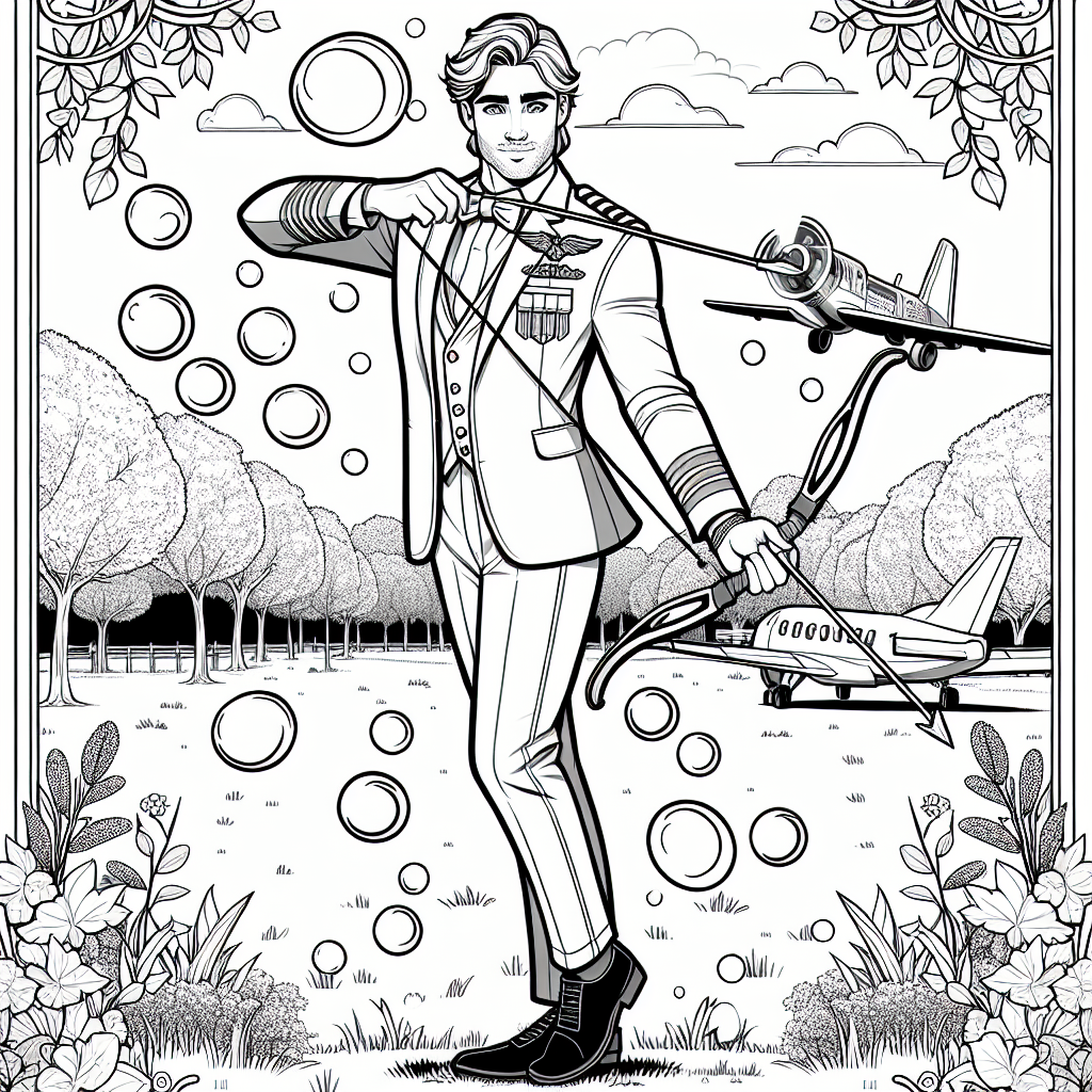 Fröhlicher Pilot im Blättertanz - Pilot im Cockpit, Flugzeug fliegt, Pilotenkappe glänzt, Flughafenatmosphäre ruhig