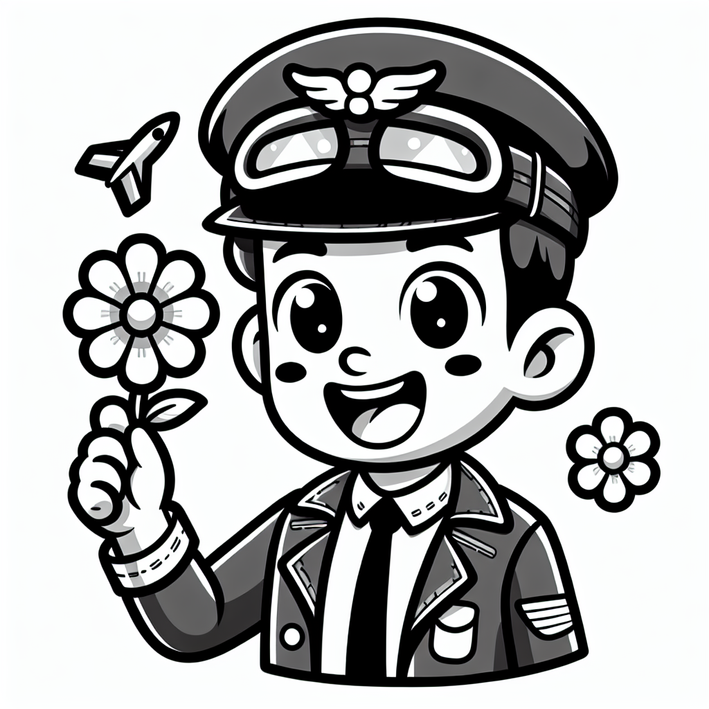 Willkommen in der faszinierenden Welt der Piloten! Heute kannst du einen fröhlichen Piloten bunt ausmalen, der eine Blume in der Hand hält. Wusstest du, dass Piloten die Kapitäne der Lüfte sind? Sie fliegen große Flugzeuge hoch oben im Himmel und bringen viele Menschen sicher von einem Ort zum anderen. 

Mit ihren Kopfhörern kommunizieren Piloten mit dem Kontrollturm, um sicherzustellen, dass alles glatt läuft. Bevor das Flugzeug abhebt, rollt es auf der Startbahn, die wie eine riesige Straße auf dem Flughafen aussieht. Die Startbahn ist der Ort, an dem das Flugzeug seine Reise in den Himmel beginnt. Es ist spannend zu wissen, dass Piloten viele Jahre trainieren müssen, um ein Flugzeug sicher zu fliegen. Sie müssen auch gut in Mathematik und Geographie sein, um den besten Weg zu ihrem Ziel zu finden.

Jetzt bist du dran! Lass deiner Fantasie freien Lauf und male den Piloten in fröhlichen Farben aus. Vielleicht verleihst du der Blume in seiner Hand eine besondere Farbe oder machst den Himmel um ihn herum besonders strahlend.