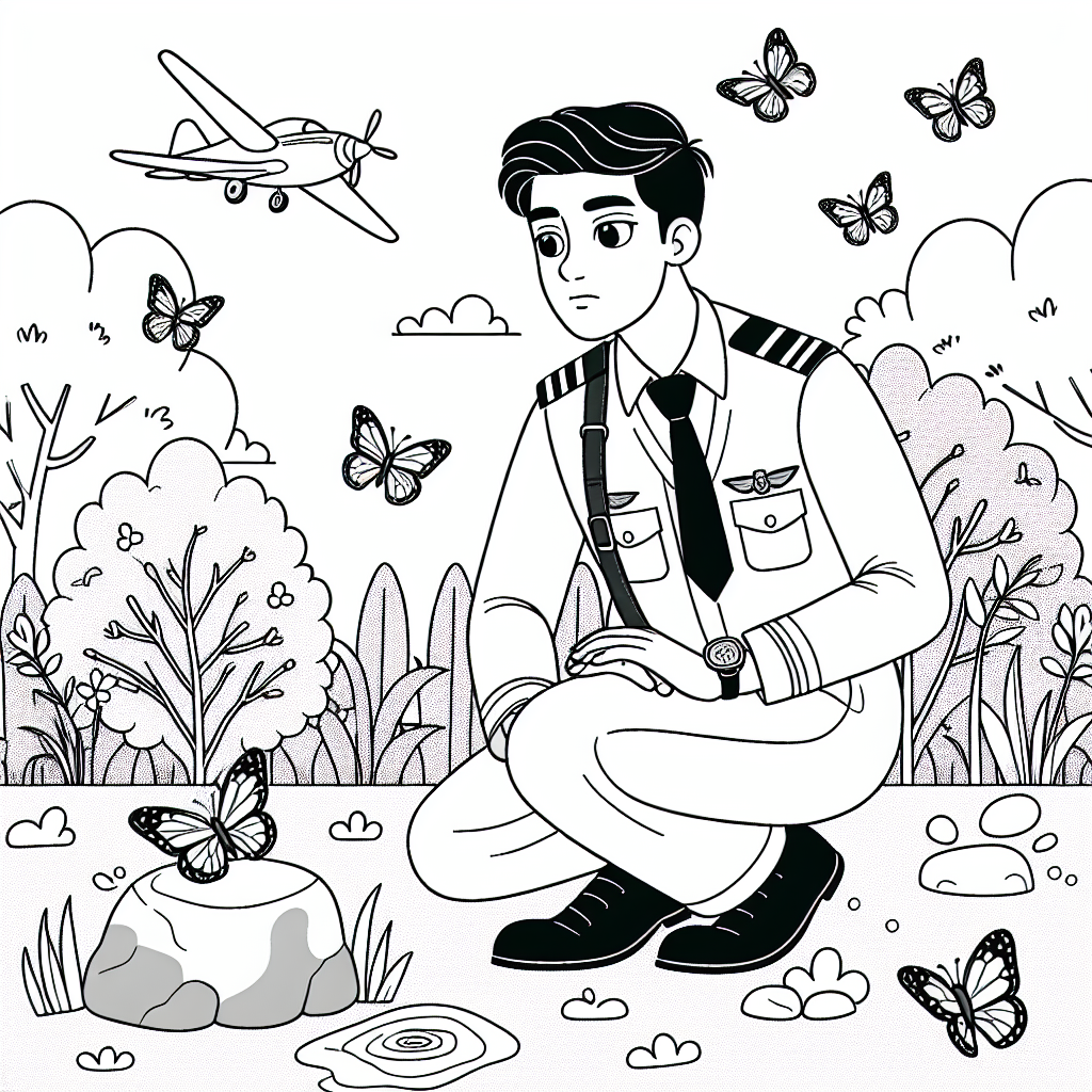 Pilot springt ins Abenteuer - Pilot im Park, Frühlingstag fliegen, bunte Schmetterlinge, friedlicher Nachmittag