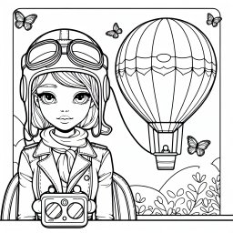 Neugieriger Ballonflug – Tags: Pilotin, Ballonfahrt, Schmetterlinge, Ausmalspaß, Kreativität.