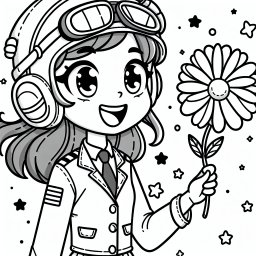 Mutige Sternenfee – Tags: Ausmalbild, Pilotin, Kreativität, Blumen, Sterne, Fantasie.