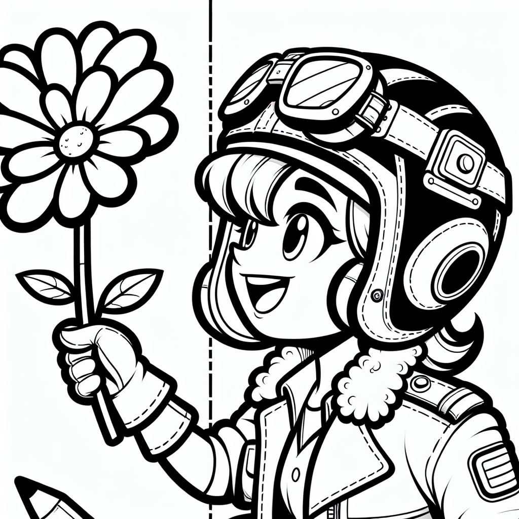 Mach dich bereit für einen himmlischen Ausflug voller Farben mit unserer fröhlichen Pilotin! Auf diesem lustigen Ausmalbild strahlt unsere tapfere Pilotin vor Freude und hält eine wunderschöne Blume in ihrer Hand. Sie ist bereit, die Lüfte zu erobern, und wartet nur darauf, von dir in leuchtende Farben getaucht zu werden.
Wirst du ihr Outfit in einem klassischen Pilotenblau ausmalen oder traust du dich an ein kräftiges Rot für ihr mutiges Abenteuer? Vergiss nicht die Blume; vielleicht ein strahlendes Gelb oder ein lebhaftes Pink? Egal, welche Farben du wählst, es liegt ganz an deiner Fantasie, diese Zeichnung zum Leben zu erwecken!
Während du ausmalst, kannst du dir vorstellen, wie unsere Pilotin mutig durch die Wolken fliegt und von einem blühenden Blumenmeer am Boden träumt. Vielleicht ist die Blume ein Glücksbringer für ihre nächste Reise? Lass deiner Kreativität freien Lauf und erinnere dich: Es gibt kein Richtig oder Falsch beim Ausmalen!