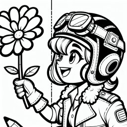 Aufgeregte Blumenfliegerin – Tags: Pilotin, Abenteuer, Blume, Cartoon, Ausmalbild